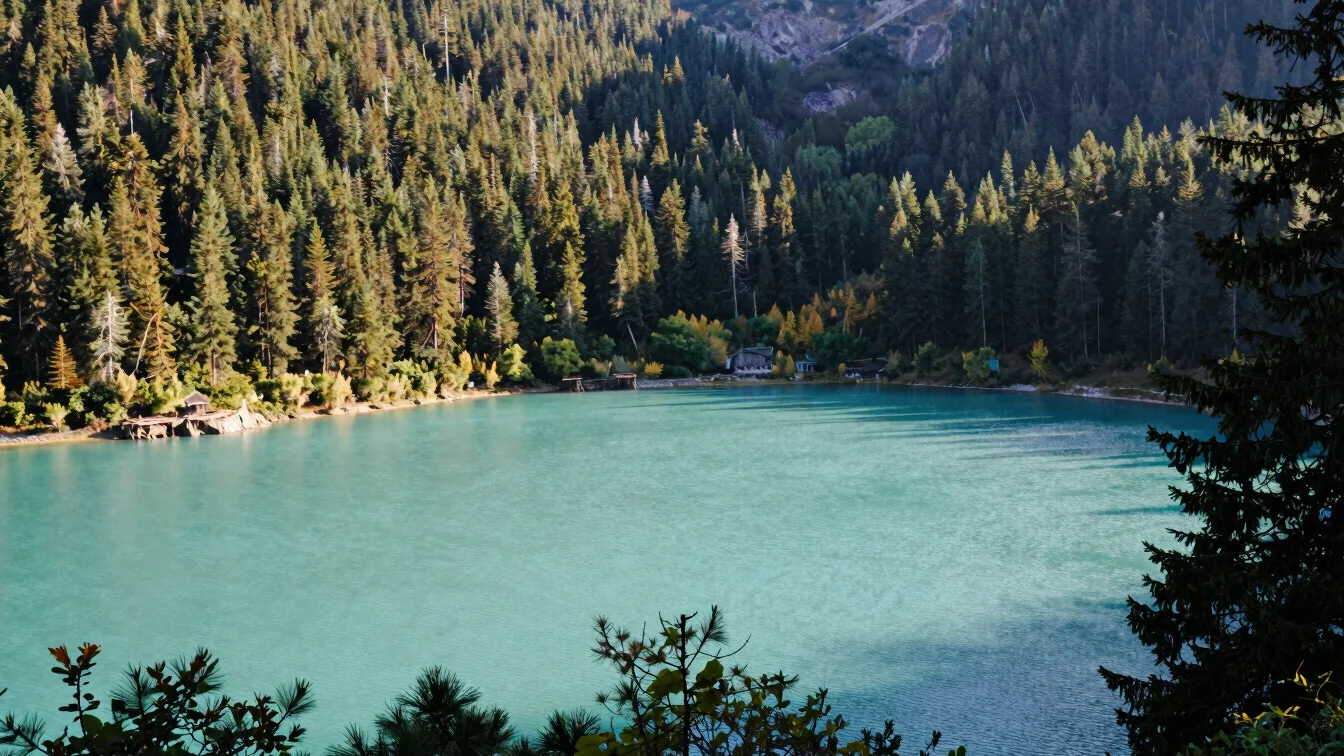 Editorial travel photograph of a mountain lake surrounded by pine