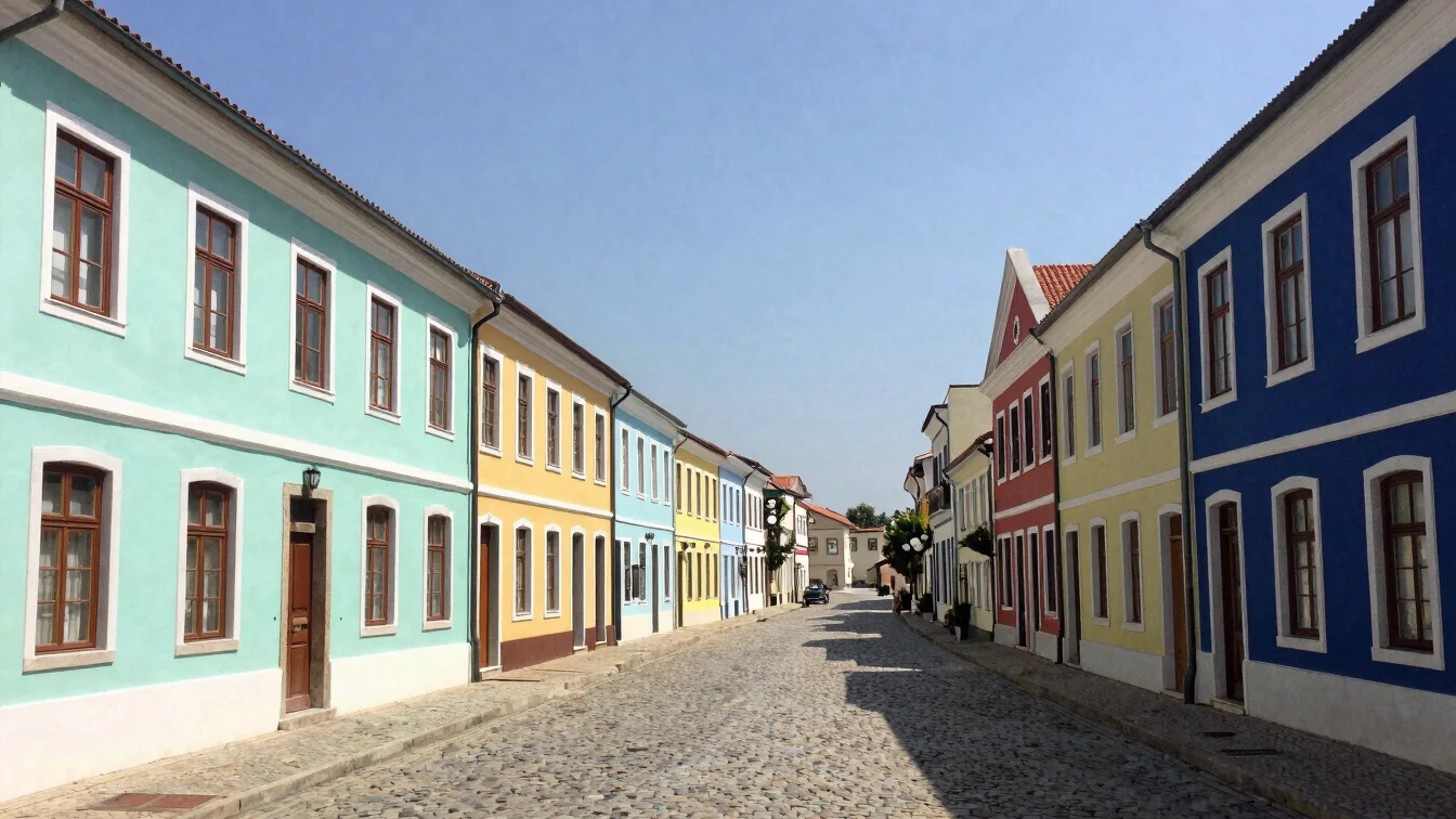 Editorial travel photograph of a sunlit cobblestone street lined