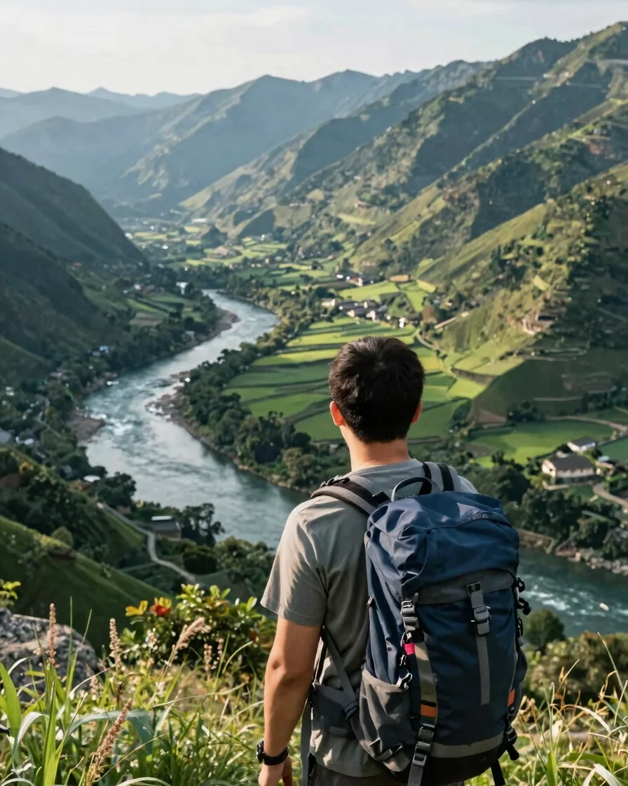 Editorial travel photograph of a traveler with a backpack looking