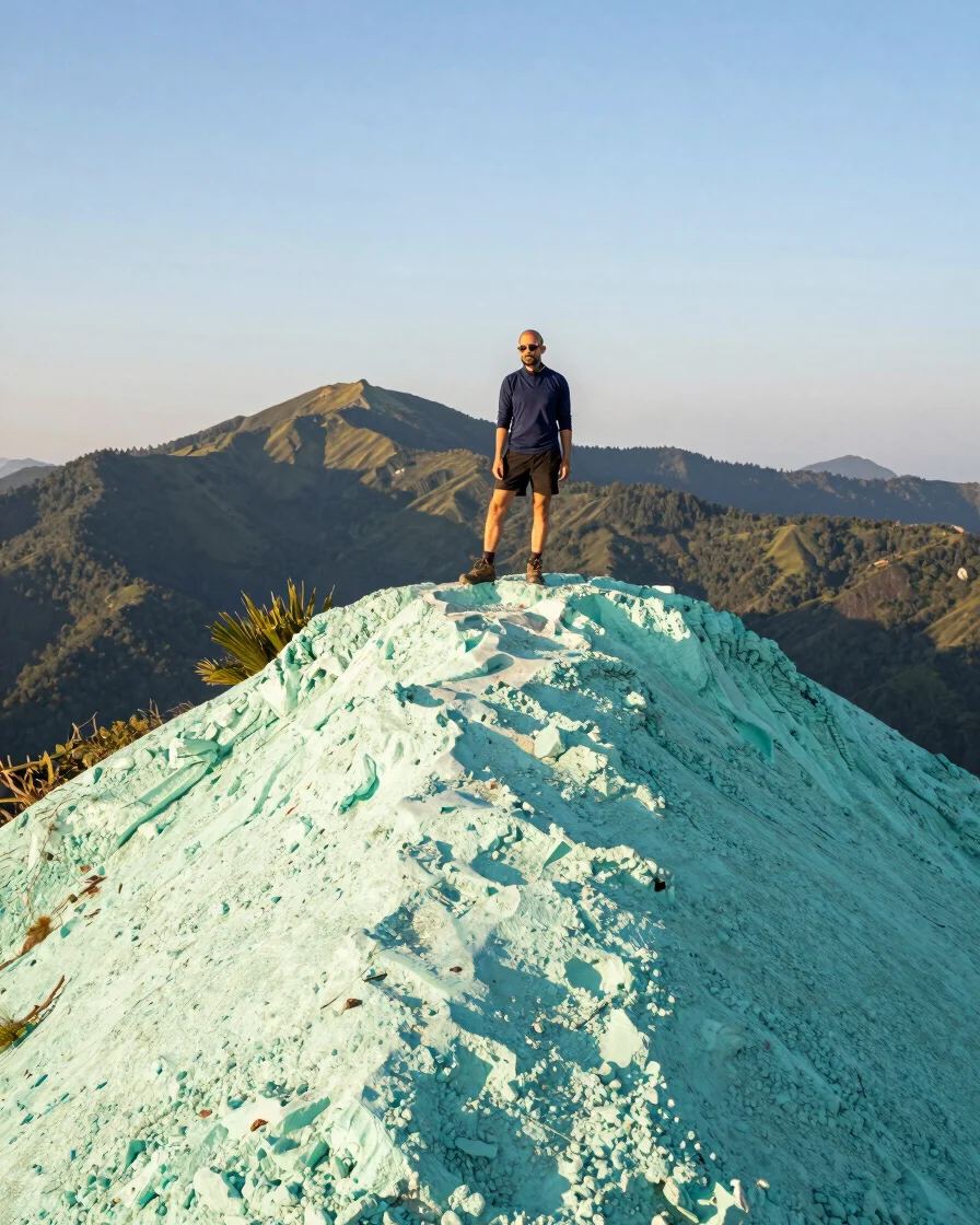 Editorial wide-angle photograph of a hiker on a mint-green mountain ridge at golden hour, clear natural daylight, realis