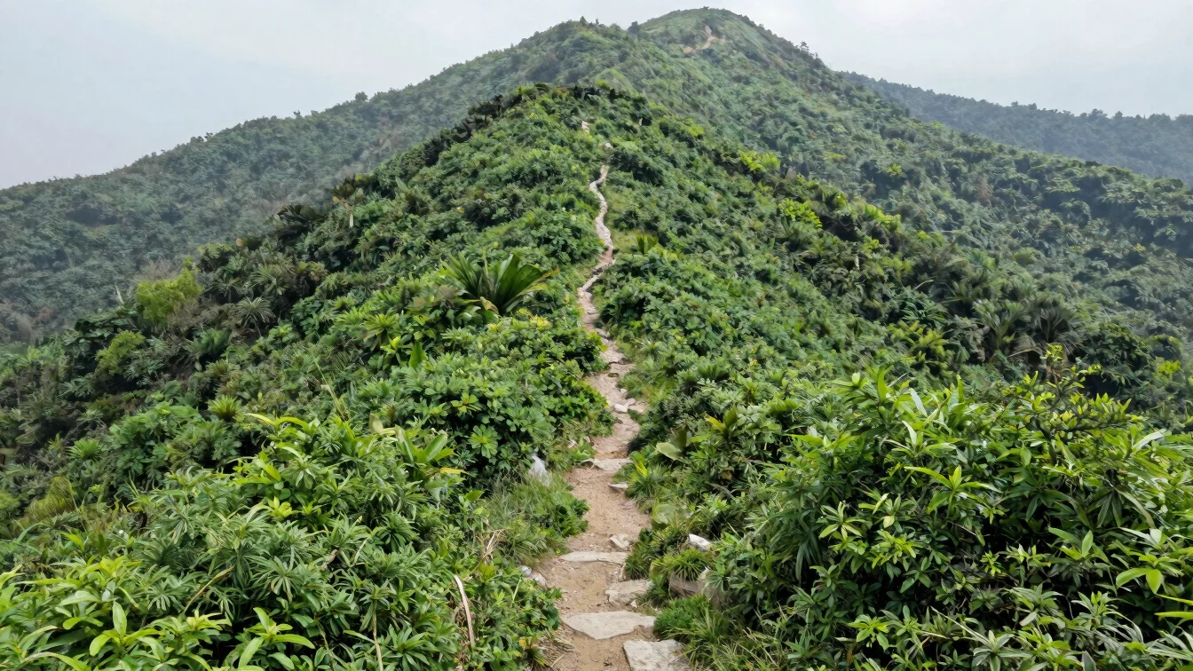 Wide-angle editorial photograph of a forested mountain trail with natural daylight and soft mist, fresh green tones, no