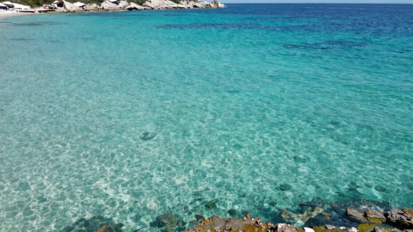 Wide-angle editorial photograph of a clear turquoise coastal bay with natural daylight, vivid water color, no people pos