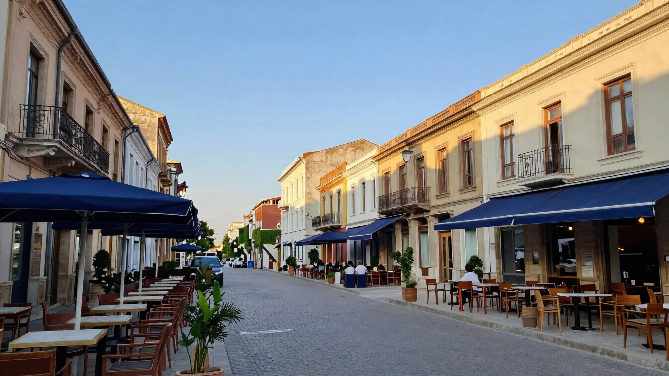 Wide-angle editorial photograph of an old city street with cafe terraces in soft golden-hour light, realistic color, no