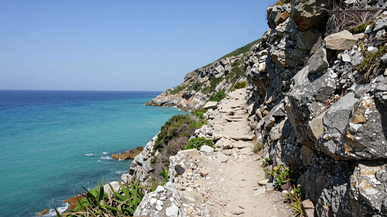 Editorial travel photograph of a rugged coastal cliff trail at mi
