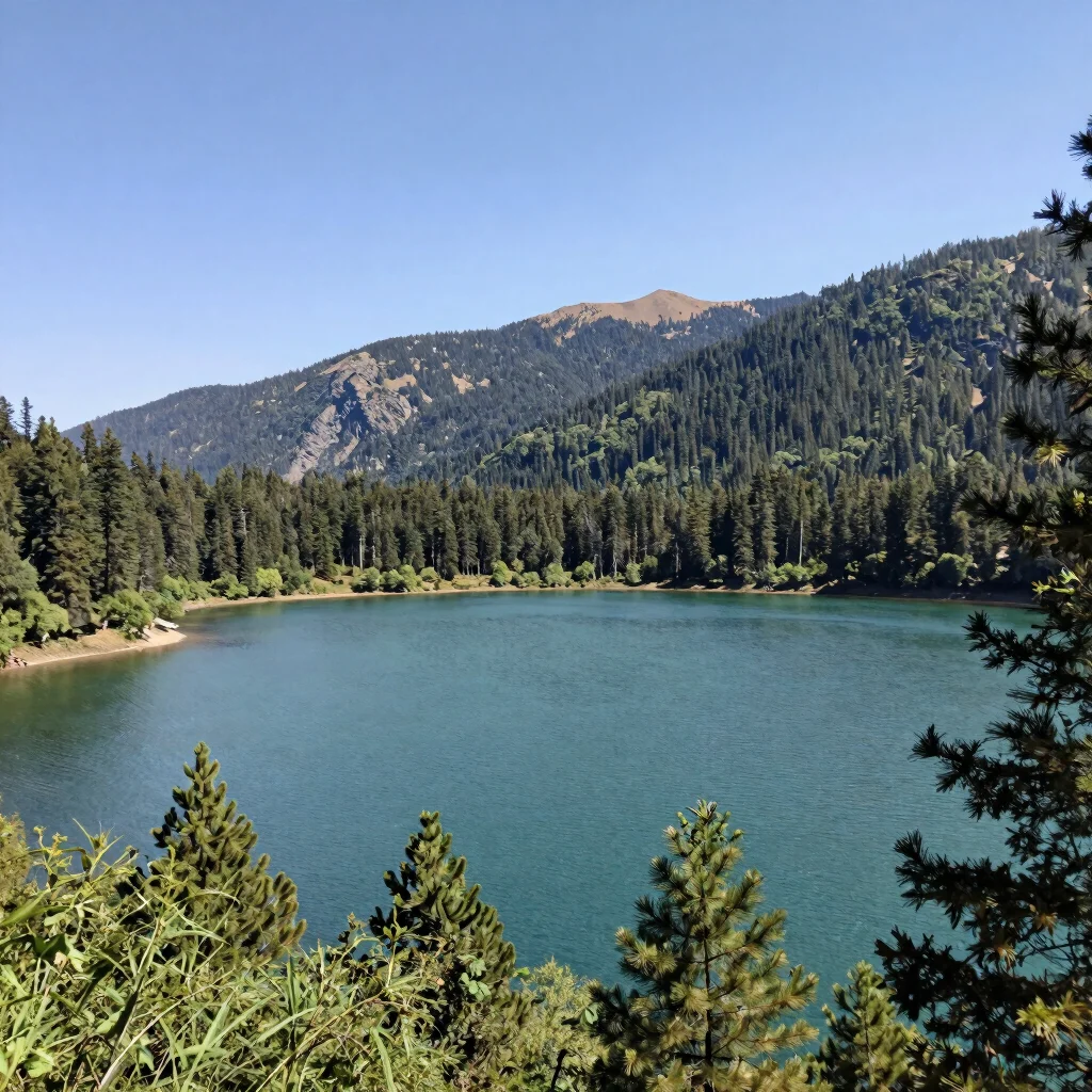 Editorial travel photograph of a mountain lake with pine forest shoreline, clear natural daylight, 35mm wide-angle, real