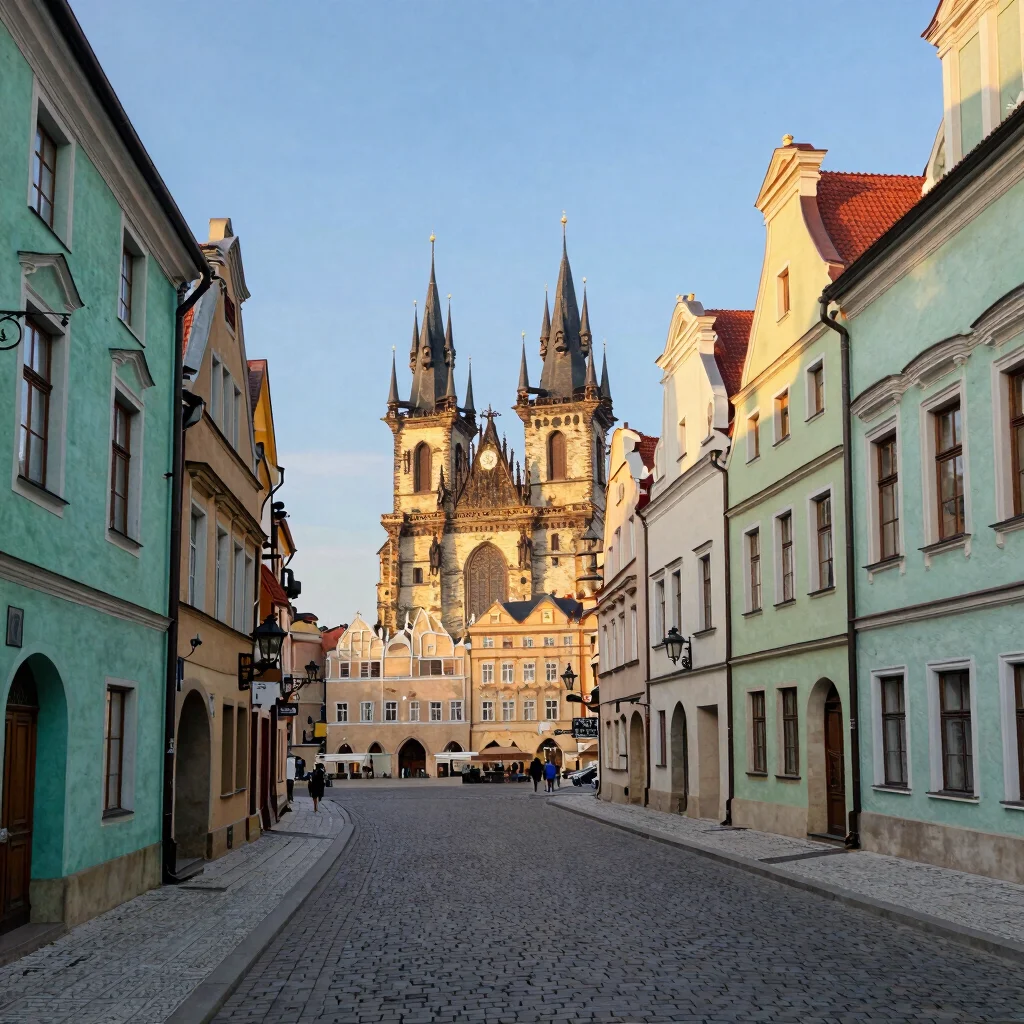 Editorial travel photograph of a historic European old town street at golden hour, natural light, varied architecture, 3