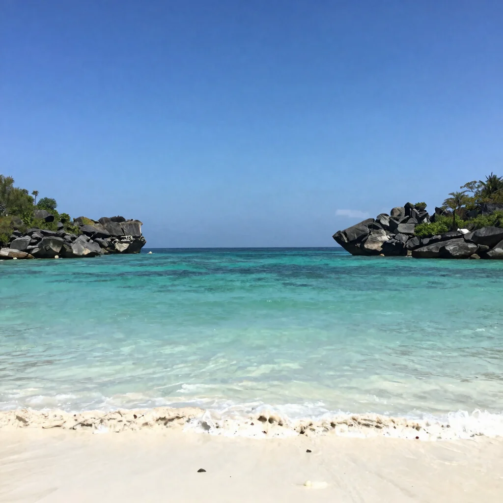 Editorial travel photograph of a turquoise tropical bay with white sand and rocky headlands, clear daylight, 35mm wide-a