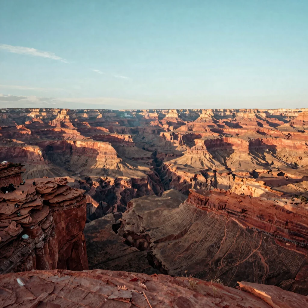 Editorial travel photograph of a desert canyon with layered red rock walls under soft golden-hour light, 35mm wide-angle