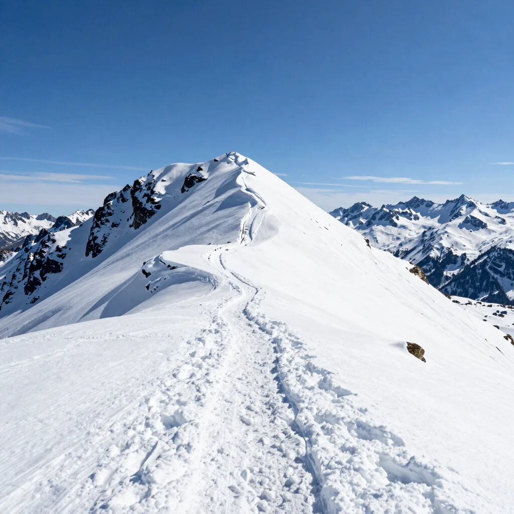 Editorial travel photograph of a snowy alpine ridge with a hiking trail, clear natural daylight, 35mm wide-angle