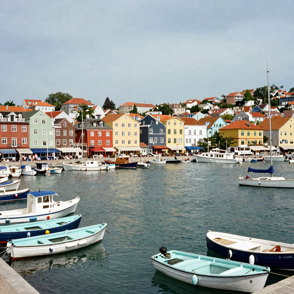 Editorial travel photograph of a lively coastal city harbor with boats and colorful buildings, natural light, 35mm wide-